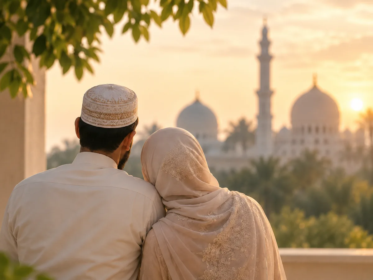 A married couple looking toward a mosque at sunset
